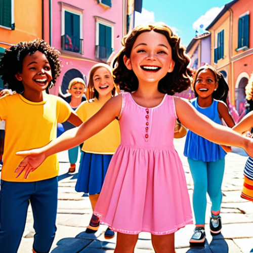 **Image Prompt:** A vibrant, colorful illustration of Sophie Ruby, radiating magical energy, surrounded by a diverse group of smiling children, perhaps in a sunny Italian piazza setting. Emphasize friendship, joy, and inclusivity. Style: Whimsical animation, bright pastel colors.