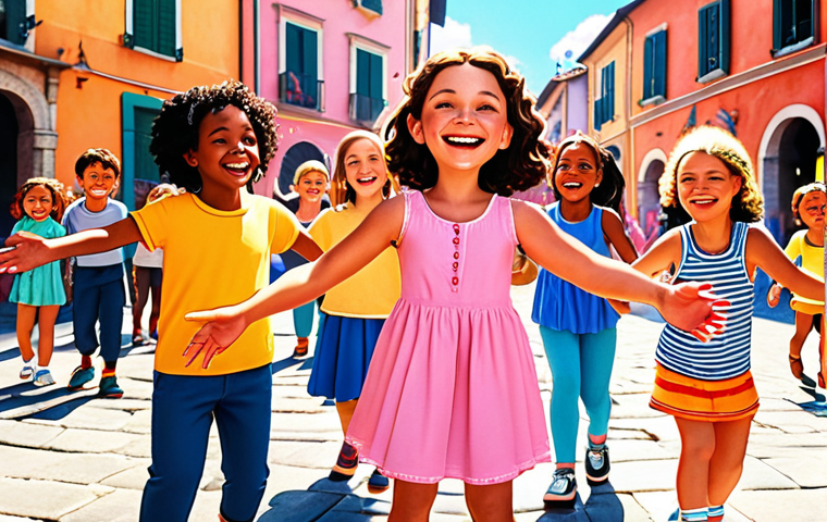 **Image Prompt:** A vibrant, colorful illustration of Sophie Ruby, radiating magical energy, surrounded by a diverse group of smiling children, perhaps in a sunny Italian piazza setting. Emphasize friendship, joy, and inclusivity. Style: Whimsical animation, bright pastel colors.