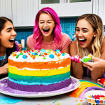 **Image Prompt:** Sofiruby leading a colorful and messy rainbow cake baking challenge in a bright kitchen, covered in frosting and food coloring, surrounded by laughing friends. Focus on the playful chaos and joy of the activity.