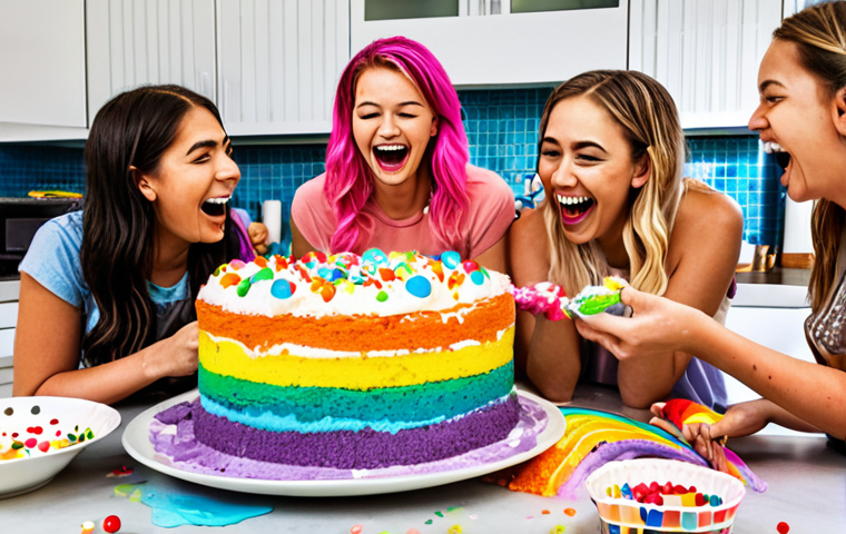 **Image Prompt:** Sofiruby leading a colorful and messy rainbow cake baking challenge in a bright kitchen, covered in frosting and food coloring, surrounded by laughing friends. Focus on the playful chaos and joy of the activity.