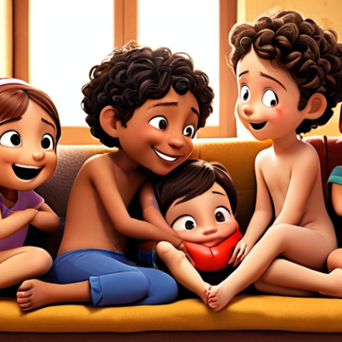 A heartwarming scene featuring a unique, original animated character (not a specific existing one) genuinely connecting with a diverse group of Italian children in a cozy, imaginative setting. The character embodies positive values, portrayed with a gentle smile and open posture. Children are engaged in imaginative play, some hugging the character, others drawing, showing a strong emotional bond. Soft, warm lighting. Dreamy, authentic feel. High detail, vibrant colors.