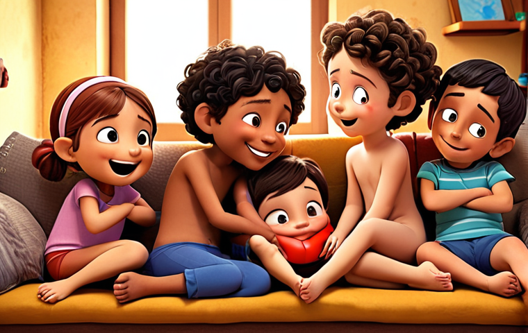 A heartwarming scene featuring a unique, original animated character (not a specific existing one) genuinely connecting with a diverse group of Italian children in a cozy, imaginative setting. The character embodies positive values, portrayed with a gentle smile and open posture. Children are engaged in imaginative play, some hugging the character, others drawing, showing a strong emotional bond. Soft, warm lighting. Dreamy, authentic feel. High detail, vibrant colors.