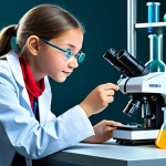 A vibrant, imaginative young girl, embodying the spirit of 'SofiRuby', transformed into a skilled, modern-day **scientist**. She wears a modest, practical lab coat over appropriate, professional attire. She is in a bright, clean, futuristic science lab, surrounded by child-friendly scientific equipment like colorful beakers and a microscope, evoking curiosity and discovery. She is engaged in a safe, observational experiment, looking through a microscope with a look of curious focus. High-quality digital illustration, vibrant colors, inspiring atmosphere, educational, family-friendly, fully clothed, modest clothing, appropriate attire, professional dress, safe for work, appropriate content, perfect anatomy, correct proportions, natural pose, well-formed hands, proper finger count, natural body proportions.