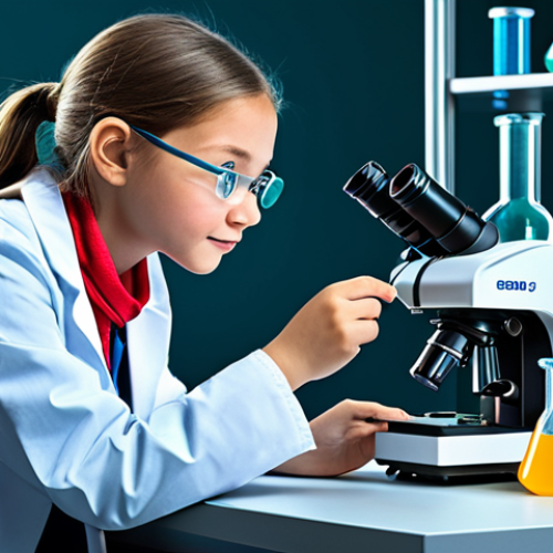 A vibrant, imaginative young girl, embodying the spirit of 'SofiRuby', transformed into a skilled, modern-day **scientist**. She wears a modest, practical lab coat over appropriate, professional attire. She is in a bright, clean, futuristic science lab, surrounded by child-friendly scientific equipment like colorful beakers and a microscope, evoking curiosity and discovery. She is engaged in a safe, observational experiment, looking through a microscope with a look of curious focus. High-quality digital illustration, vibrant colors, inspiring atmosphere, educational, family-friendly, fully clothed, modest clothing, appropriate attire, professional dress, safe for work, appropriate content, perfect anatomy, correct proportions, natural pose, well-formed hands, proper finger count, natural body proportions.