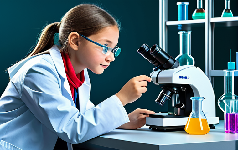 A vibrant, imaginative young girl, embodying the spirit of 'SofiRuby', transformed into a skilled, modern-day **scientist**. She wears a modest, practical lab coat over appropriate, professional attire. She is in a bright, clean, futuristic science lab, surrounded by child-friendly scientific equipment like colorful beakers and a microscope, evoking curiosity and discovery. She is engaged in a safe, observational experiment, looking through a microscope with a look of curious focus. High-quality digital illustration, vibrant colors, inspiring atmosphere, educational, family-friendly, fully clothed, modest clothing, appropriate attire, professional dress, safe for work, appropriate content, perfect anatomy, correct proportions, natural pose, well-formed hands, proper finger count, natural body proportions.