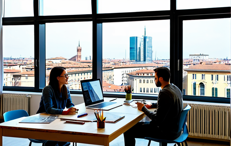 Collaborative Creative Workspace**

"A vibrant and bustling creative studio in Milan, Italy. Young, diverse artists and designers, fully clothed in trendy, modern clothing, are collaborating on an animation project. Desks are covered with sketches, digital tablets, and colorful art supplies. Large windows offer a view of the Milan skyline. The atmosphere is energetic and inspiring. Perfect anatomy, correct proportions, natural pose, well-formed hands, proper finger count, natural body proportions, professional, family-friendly, safe for work, appropriate content, fully clothed, high quality, professional photography, 8k resolution."

**