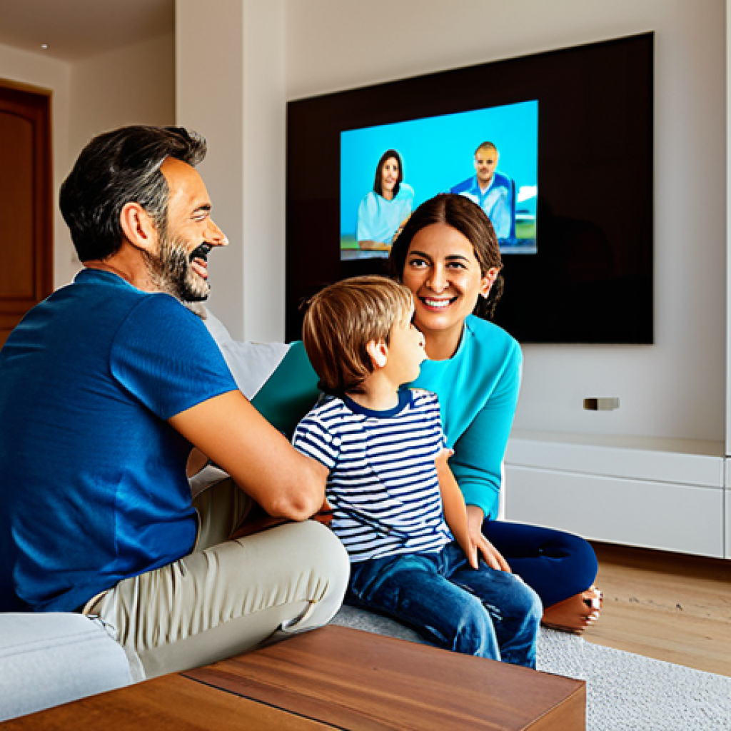 **

"A joyful Italian family (mother, father, and two young children) are watching Soffy Ruby on a modern smart TV in their brightly lit living room, fully clothed in casual, comfortable clothing suitable for a family evening, appropriate content, safe for work, perfect anatomy, natural pose, warm and inviting lighting, professional family portrait photography."

**