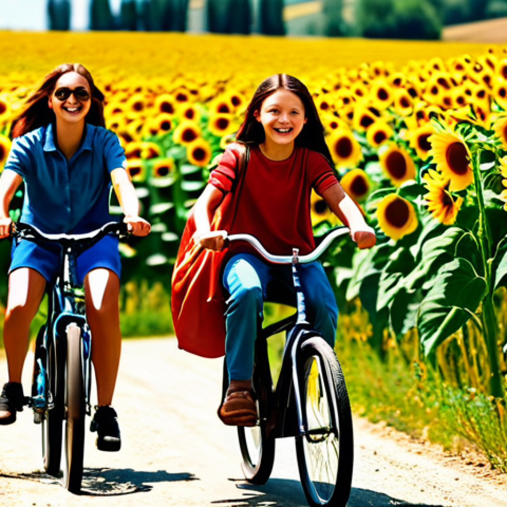 소피루비 주요 연출 기법 - A vibrant scene of Sophie Ruby and her friends in a sunlit Italian countryside, appropriate attire, ...