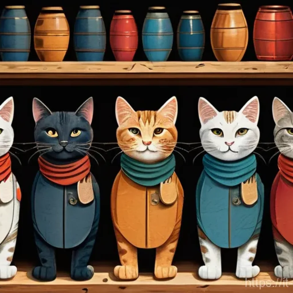 소피루비 OST 인기 이유 - A whimsical, vintage-style illustration depicting forty-four anthropomorphic cats marching in an ord...