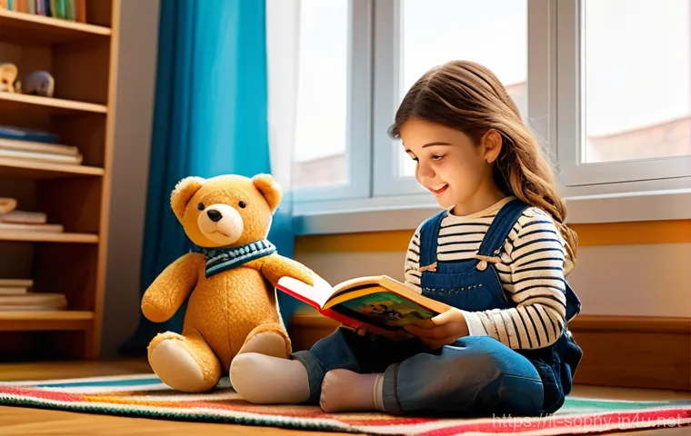 소피루비 캐릭터 상호작용 - **Prompt 1: Childhood Imagination and the Beloved Plush Toy**
    A heartwarming scene featuring a y...