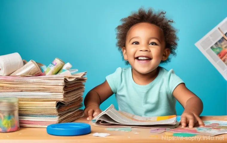 소피루비 DIY 활동 - Image Prompt 1: Little Explorers in a Sensory Recycling Wonderland**