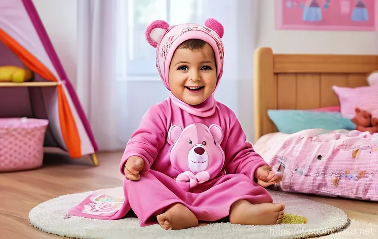 소피루비 굿즈 리뷰 - A vibrant, well-lit scene featuring a happy 5-year-old Italian girl, fully clothed in comfortable ev...