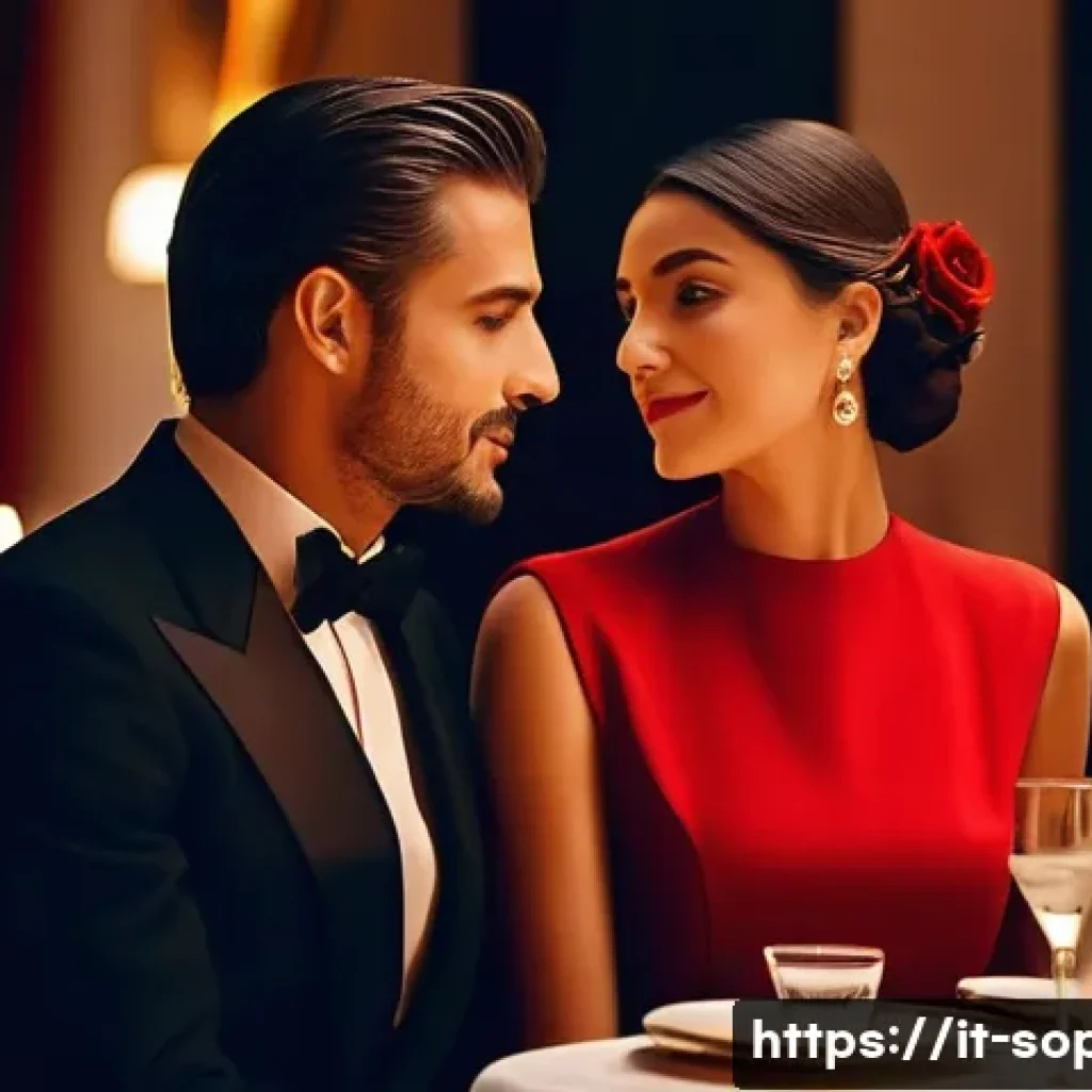 소피루비의 색채 심리학 - **Prompt:** A stylish Italian couple, impeccably dressed in sophisticated red evening wear, shares a...