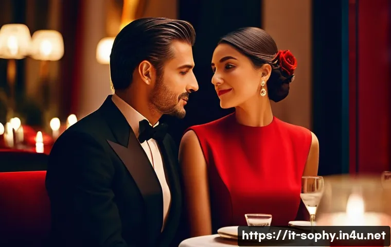소피루비의 색채 심리학 - **Prompt:** A stylish Italian couple, impeccably dressed in sophisticated red evening wear, shares a...