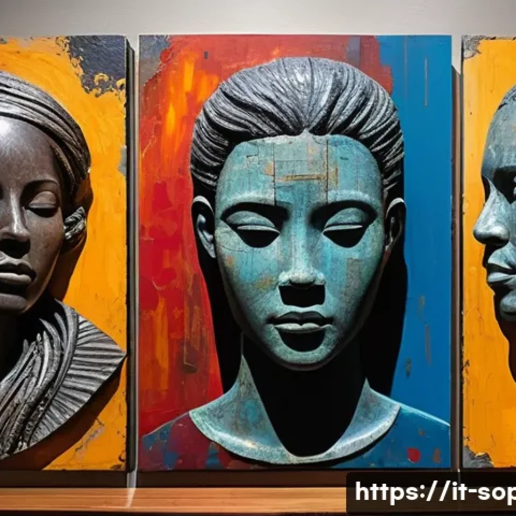 소피루비의 작품성 평가 - A contemporary mixed-media art installation featuring fragmented human figures layered over an abstr...