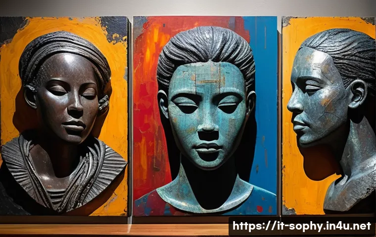 소피루비의 작품성 평가 - A contemporary mixed-media art installation featuring fragmented human figures layered over an abstr...