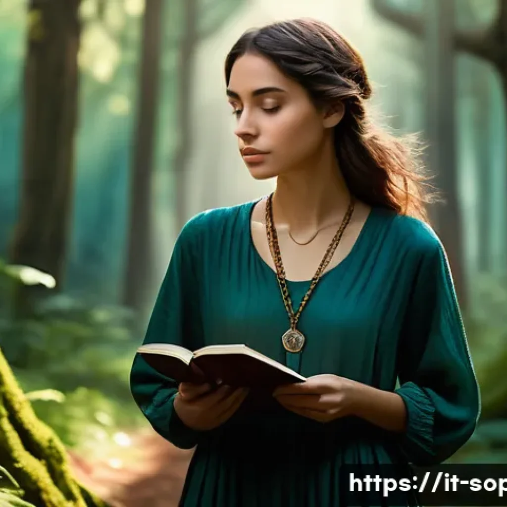 소피루비 속 주요 상징적 소재 - A young woman walking through a dense, mystical forest at twilight, surrounded by tall ancient trees...