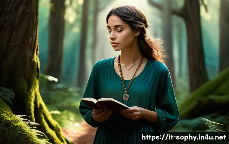 소피루비 속 주요 상징적 소재 - A young woman walking through a dense, mystical forest at twilight, surrounded by tall ancient trees...