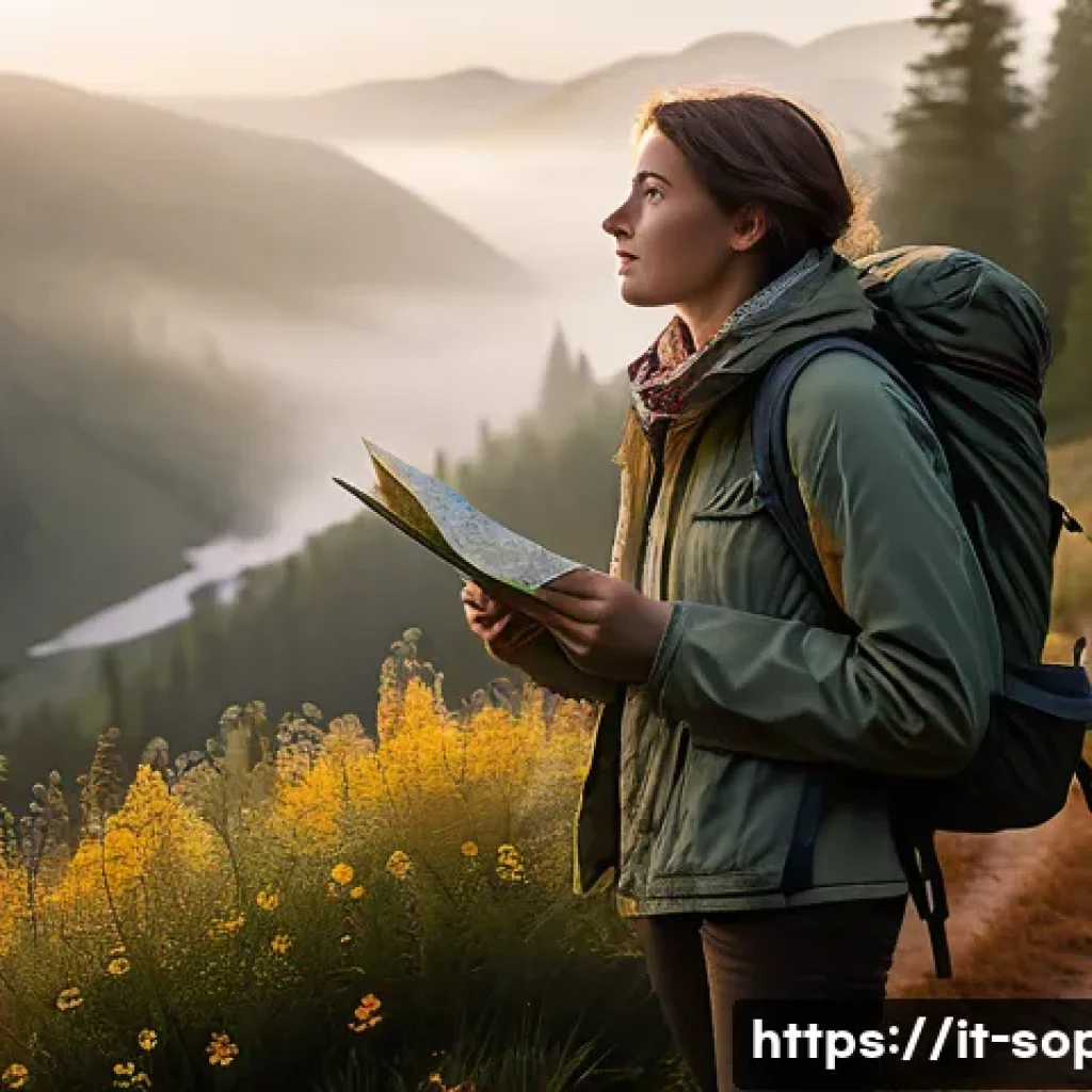 소피루비 이야기 속 모험 - A young adventurous woman named Sophie Ruby standing at the edge of a vast, mysterious forest at daw...