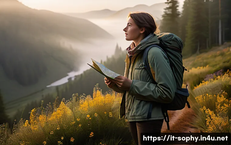 소피루비 이야기 속 모험 - A young adventurous woman named Sophie Ruby standing at the edge of a vast, mysterious forest at daw...