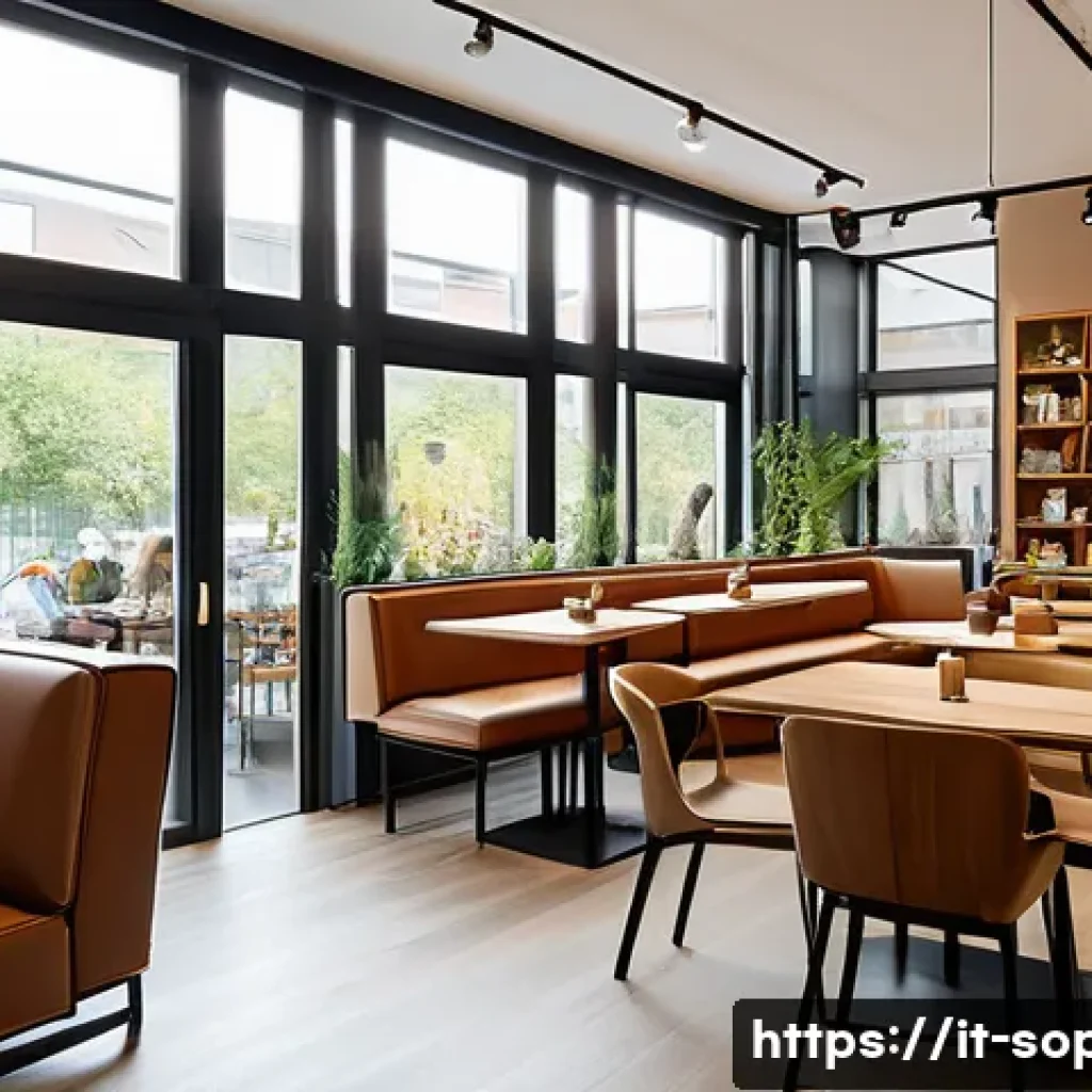 소피루비 테마 카페 - A cozy, modern café interior with warm neutral tones, featuring natural materials like wood and meta...
