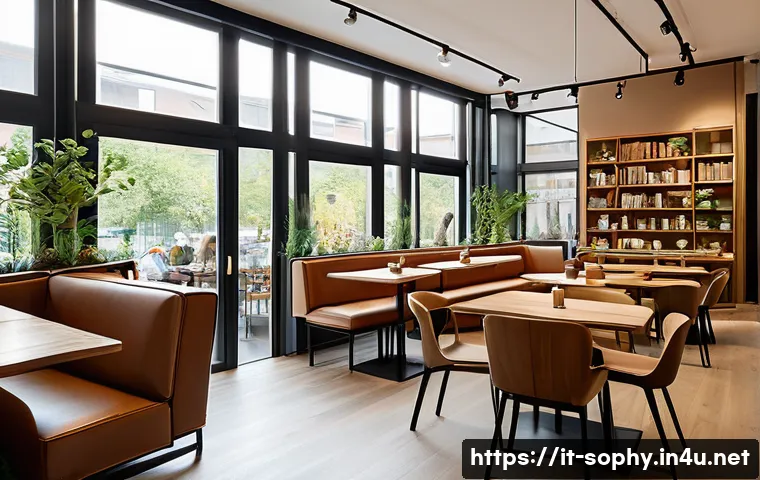 소피루비 테마 카페 - A cozy, modern café interior with warm neutral tones, featuring natural materials like wood and meta...