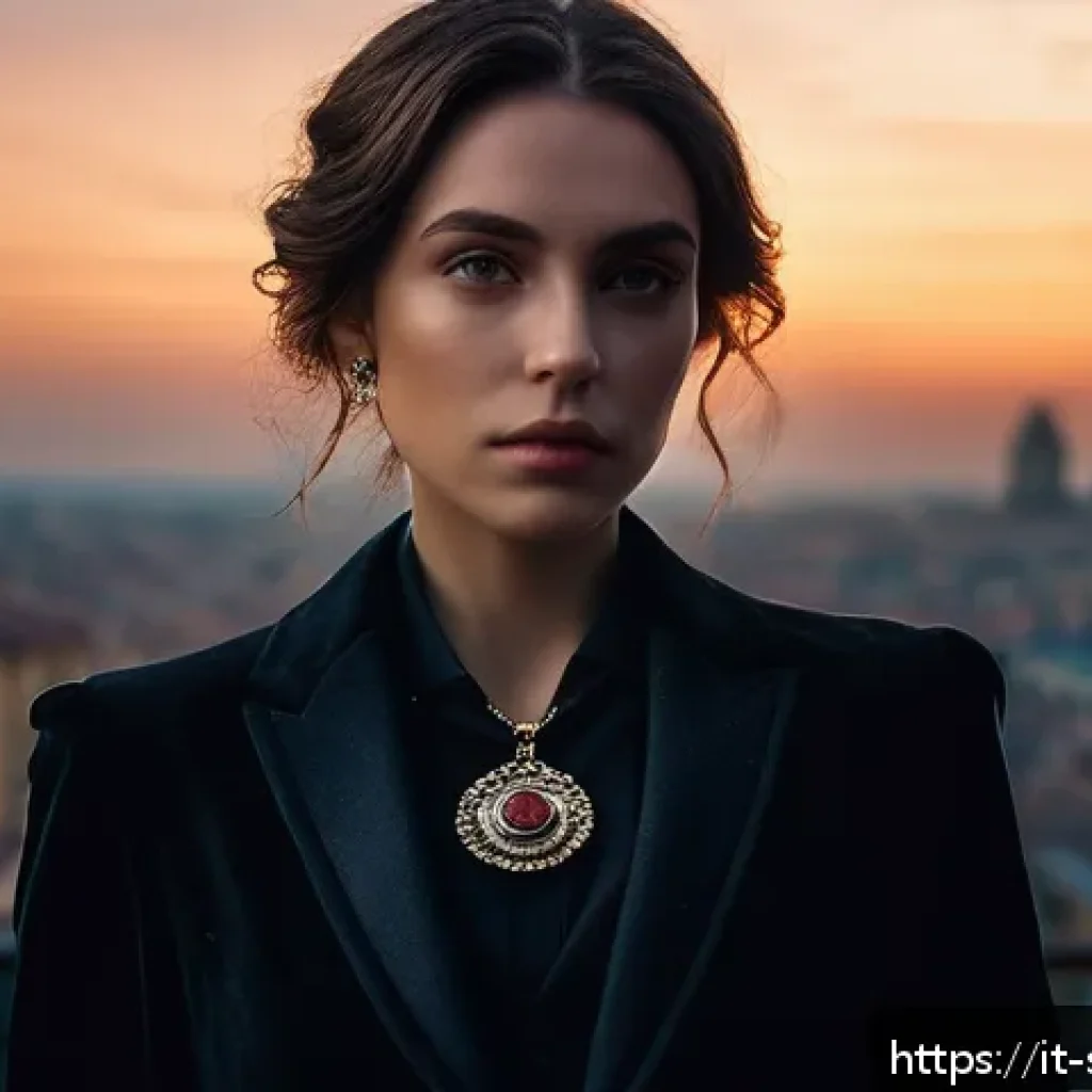 소피루비의 엔딩 스토리 - A complex female character portrait of Sophie Ruby standing at a twilight cityscape with a mysteriou...