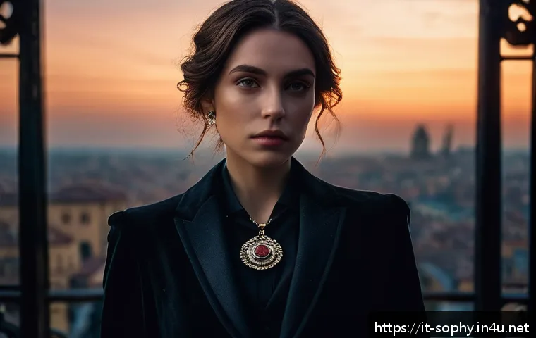 소피루비의 엔딩 스토리 - A complex female character portrait of Sophie Ruby standing at a twilight cityscape with a mysteriou...