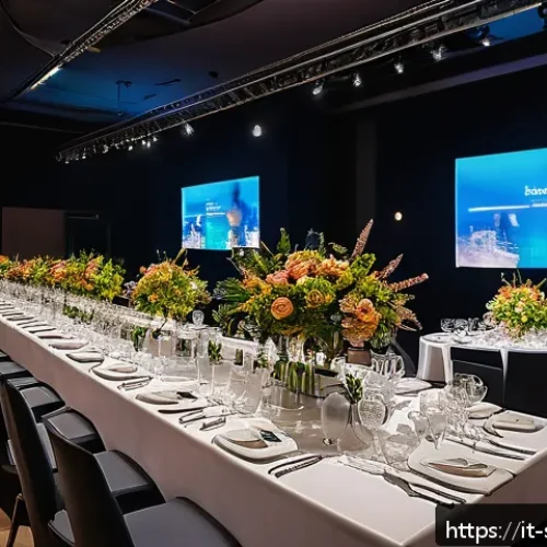 소피루비 이벤트 플래너 - A sophisticated corporate event setup in a modern Italian venue, featuring elegant branding elements...