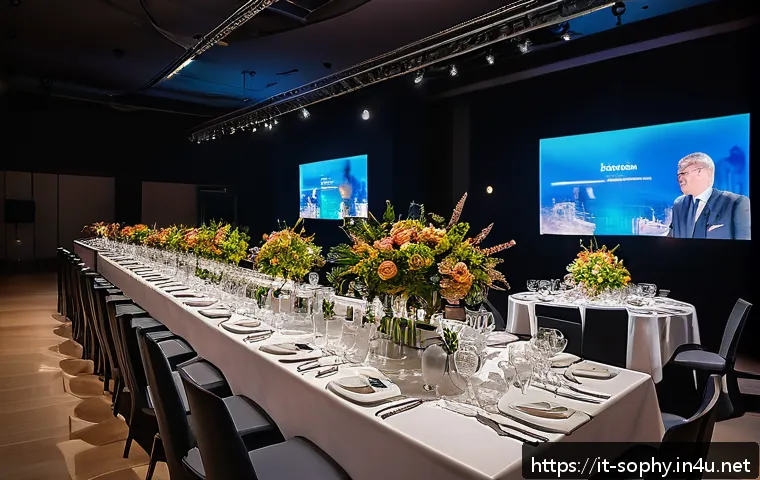 소피루비 이벤트 플래너 - A sophisticated corporate event setup in a modern Italian venue, featuring elegant branding elements...