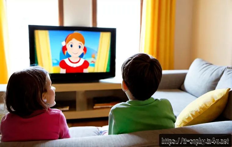 Home 30 소피루비 애니메이션의 장점 - Photorealistic cozy Italian family living room, a smiling mother and two school-age children watchin...