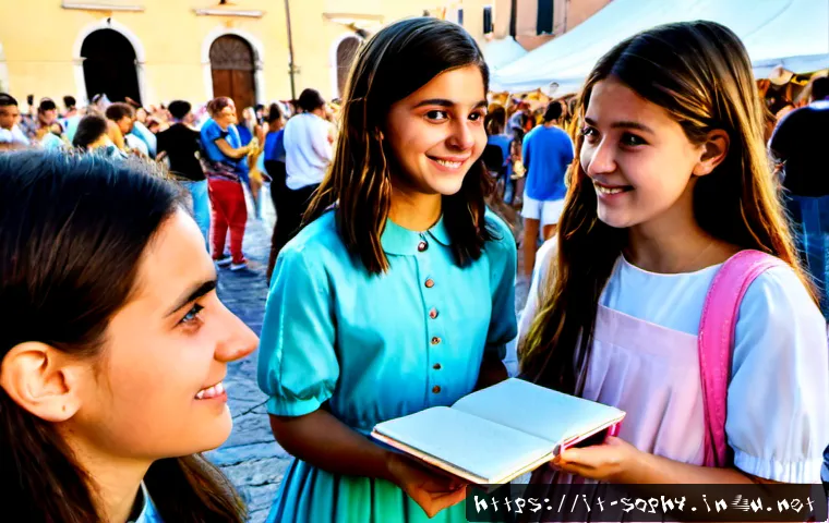 Home 17 소피루비 팬덤의 문화적 영향 - Photorealistic scene of Italian teenage friends at a sunny community arts festival in a historic pia...