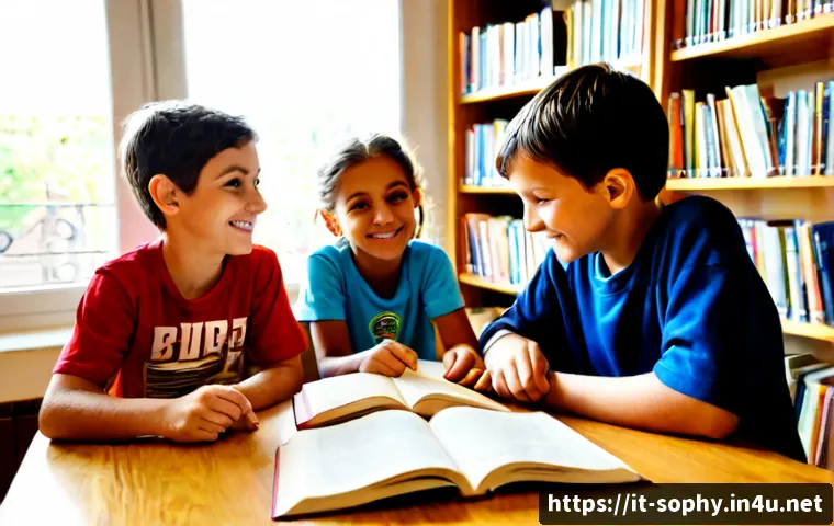 소피루비 어린이 독자층 분석 - Photorealistic Italian elementary school library, a diverse group of cheerful children aged 7 to 10 ...