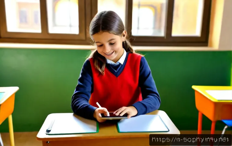소피루비 관련 교육 콘텐츠 - Photorealistic Italian elementary school classroom, cheerful young girl in modest colorful casual cl...