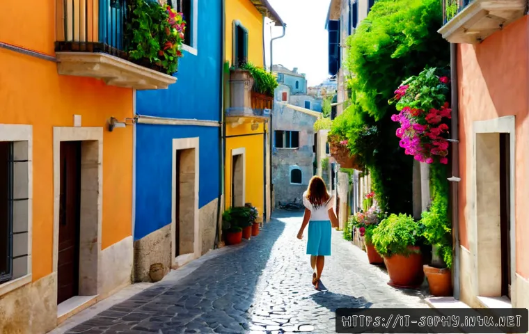 소피루비 배경 장소 탐방 - Photorealistic exploration scene in a charming Italian coastal village inspired by a colorful magica...
